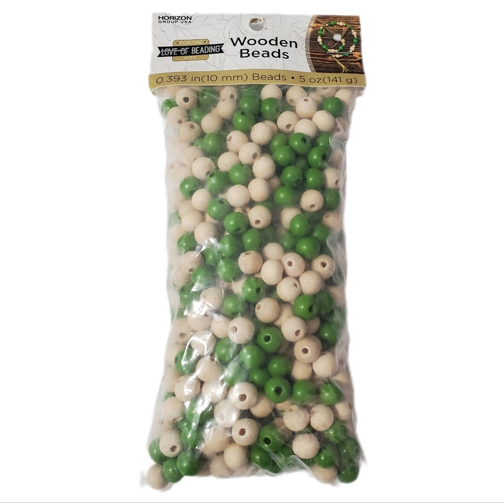 For The Love Of Beading Kits Green and Cream Wooden Beads Size 10mm